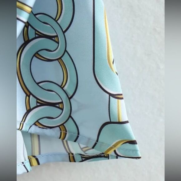 Xi Xi Women Asymmetric V Neck Blue Chain Print Long Sleeve Blouse Size M - Picture 7 of 10